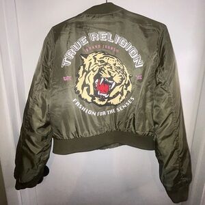 True Religion Women's Green Bomber Jacket with Tiger Graphic